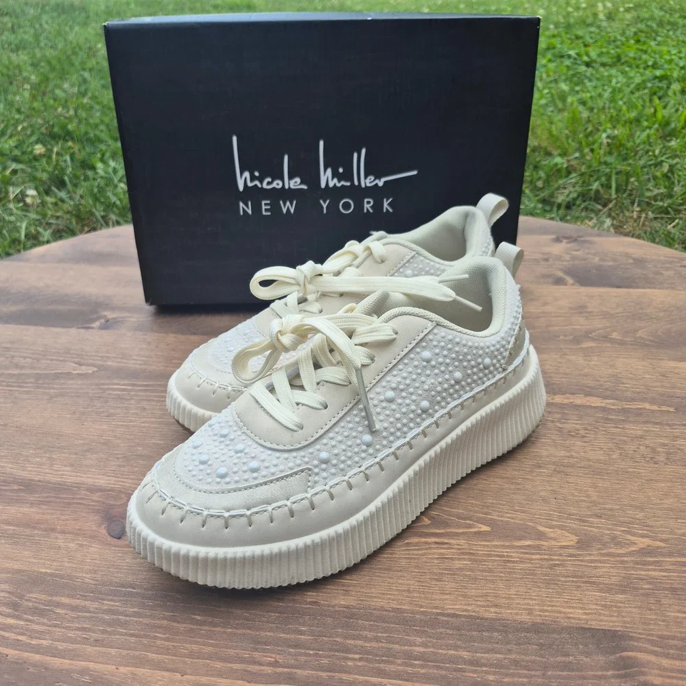 Nicole Miller New York Brita Pearl Multi Platform Sneakers Women 7 Pearl Studded